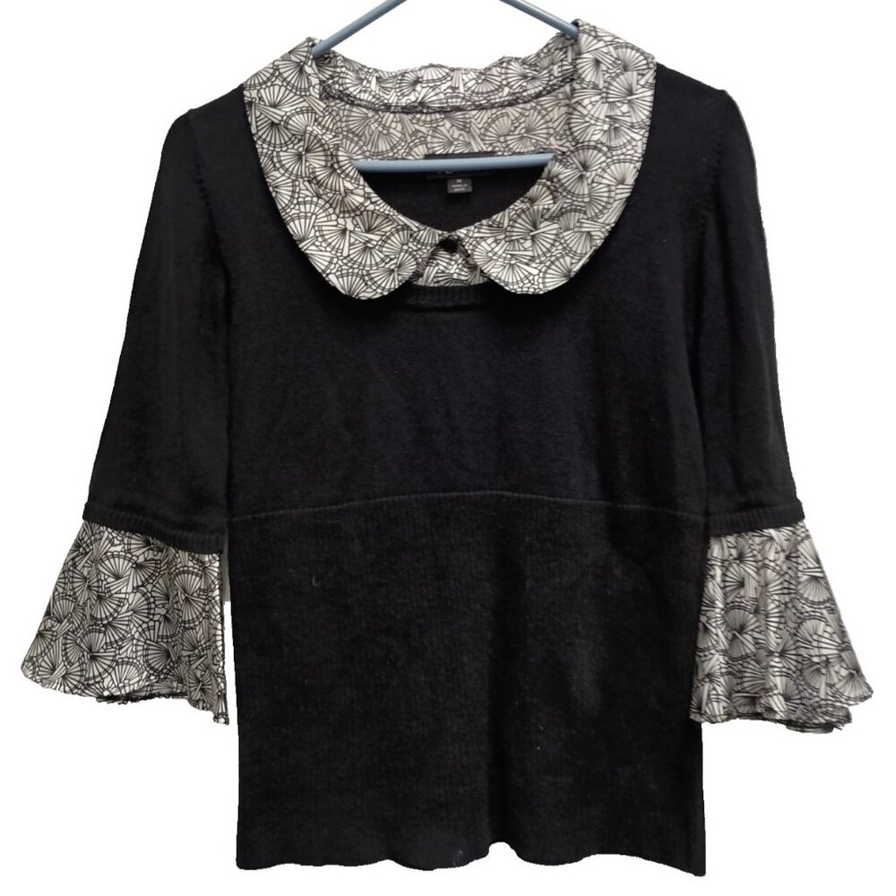 Vintage Y2K AB Studio Babydoll Sweater Womens Medium Black Satin Collar Twofer